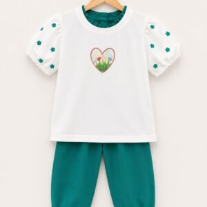 Green and White Trouser Shirt For Girls
